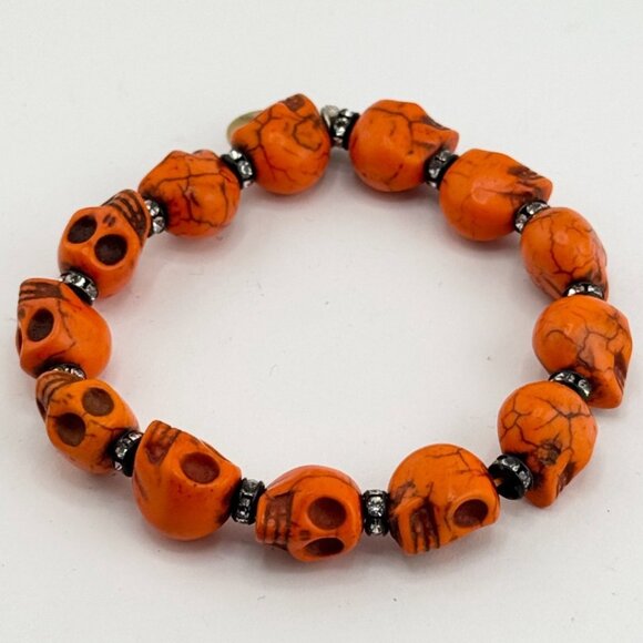Vintage Orange Howlite stone skull Halloween rhinestone stretch bracelet - Picture 1 of 4